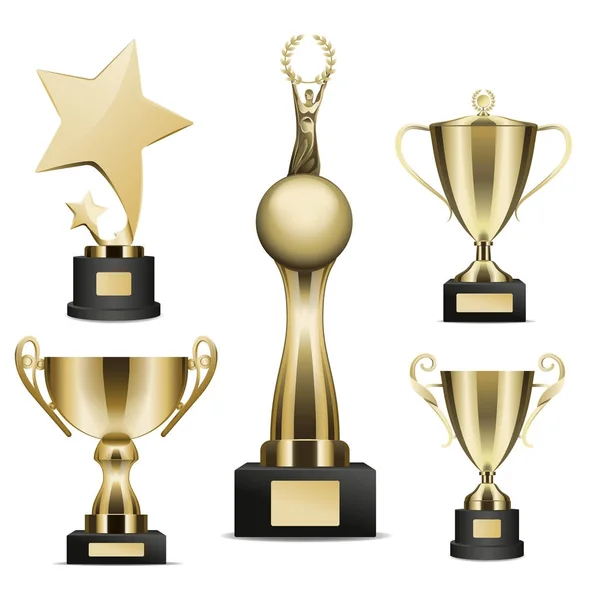 Golden Trophy Cups Realistic Vector Collection — Stock Vector