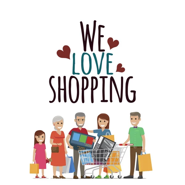 Nous aimons faire du shopping famille avec des achats sur blanc — Image vectorielle