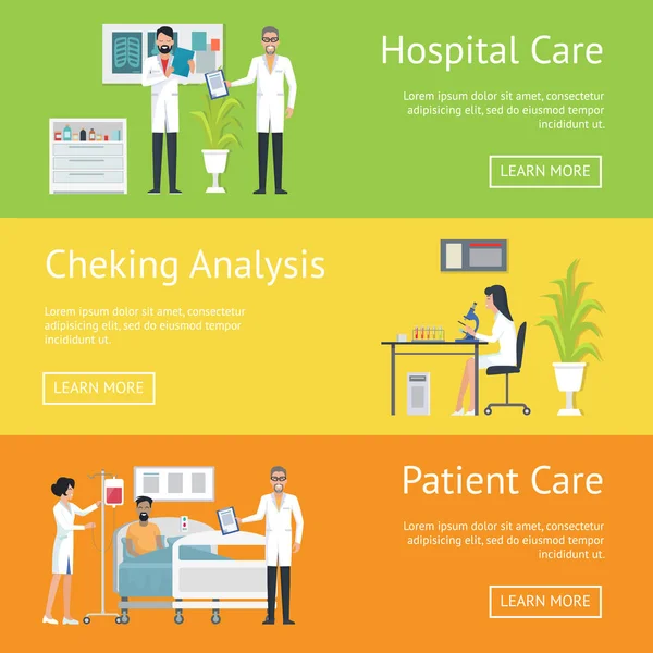 Soins hospitaliers après analyse du patient et vérification — Image vectorielle