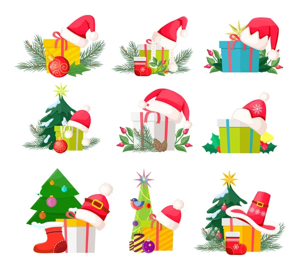 Set of Gift Boxes with Santa Claus Caps on White — Stock Vector