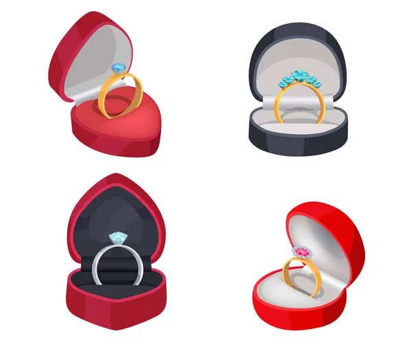Vier Ringe mit Edelsteinen in Geschenkboxen — Stockvektor