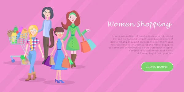 Mulheres Compras Conceptual Flat Vector Web Banner — Vetor de Stock