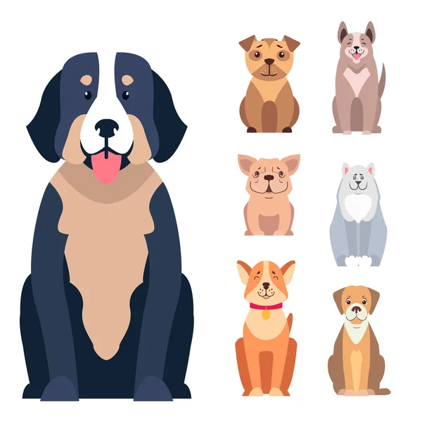 Carino purosangue cani fumetto piatto vettori icone set — Vettoriale Stock