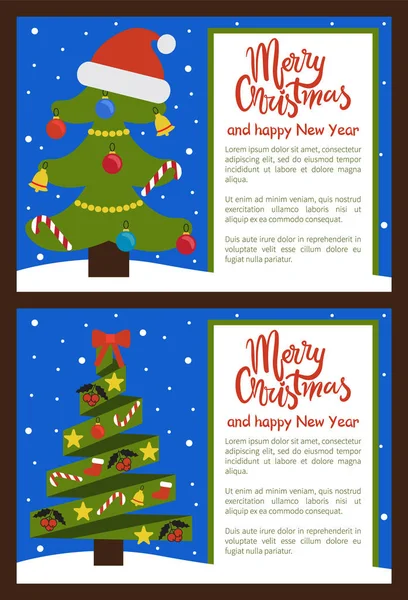 Merry Christmas Happy New Year Posters with Tree — Stock Vector