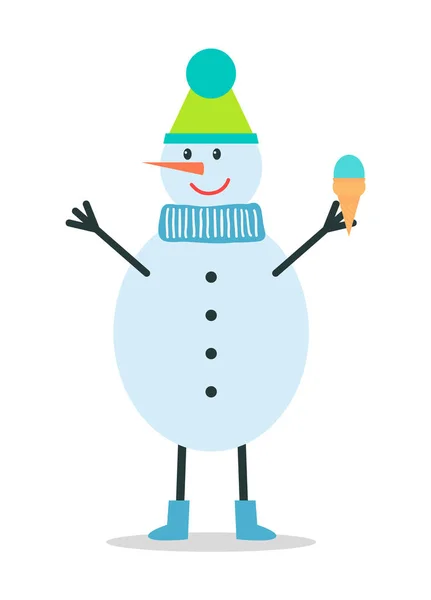 겨울 모자와 스카프에 눈사람 아이스크림 보유 — 스톡 벡터