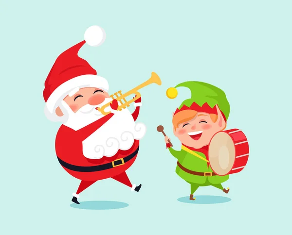 Santa Playing on Trumpet, Green Elf with Drum — Stock Vector