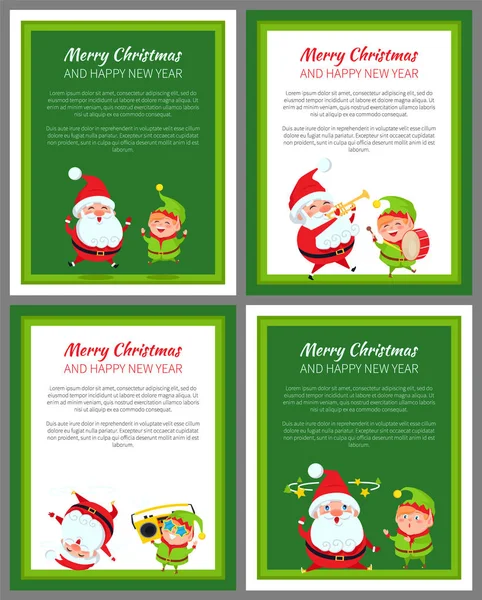 Ensemble de quatre cartes de Nouvel An avec Père Noël et Elfe — Image vectorielle