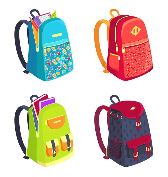 Set of Colorful Rucksacks for Girls or Boys Vector — Stock Vector