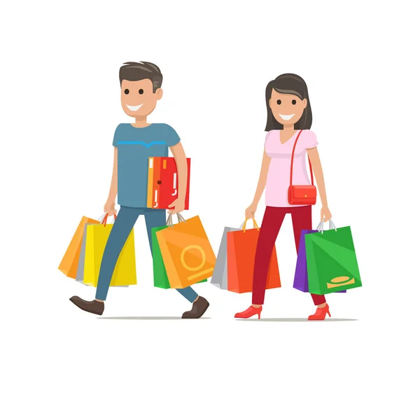 İki alışverişe gider. Erkek ve kadın karakter — Stok Vektör