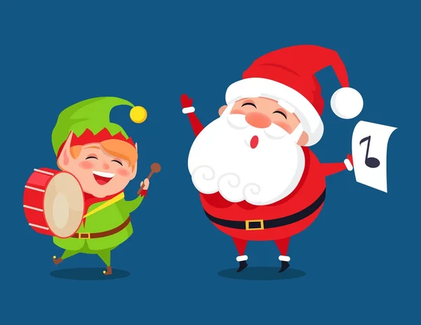 Santa och Elf Cartoon tecken musik bandet ikoner — Stock vektor