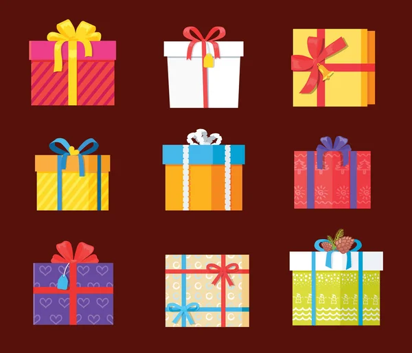Set regalo caja regalos paquete envuelto iconos vector — Vector de stock
