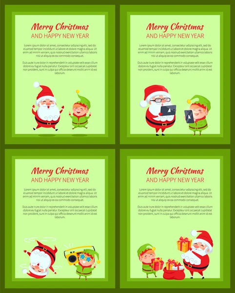 Set de Cuatro Banners con Santa Claus y Elfo — Vector de stock