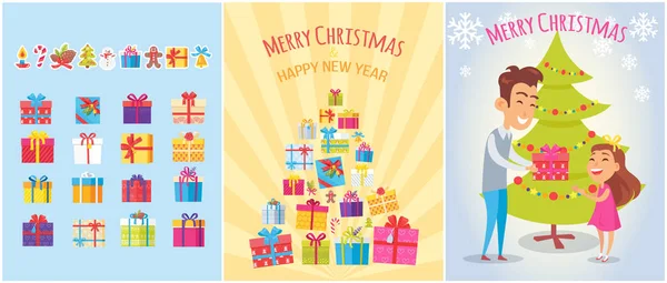 Merry Christmas Postcards Set Piles of Gift Boxes — Stock Vector