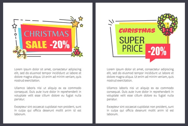 Navidad Super Precio Venta 20 Off Anuncio Etiquetas — Vector de stock