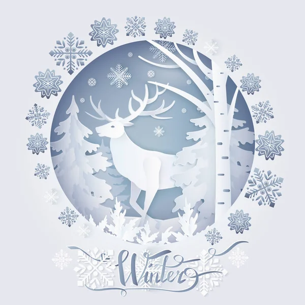 Winter Deer in Forest Poster Vector Illustration — Stock Vector