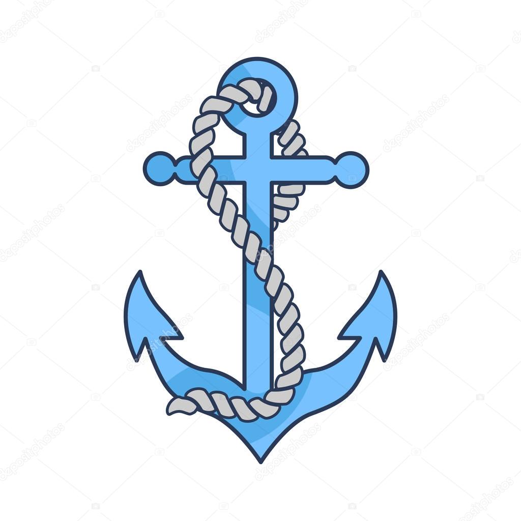 Blue Heavy Anchor with Rope Isolated Illustration