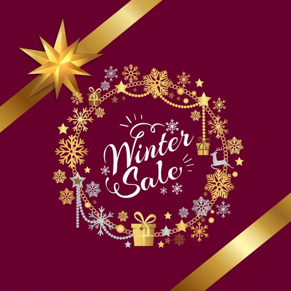 Cartel de venta de invierno en marco hecho de copos de nieve — Vector de stock