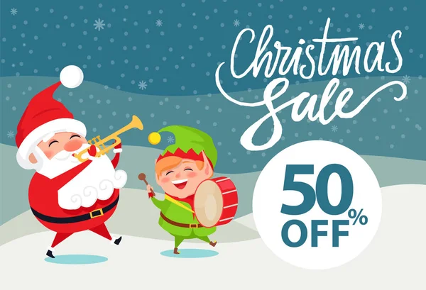 Christmas sale 50 off promo poster Santa and Elf — Stock Vector