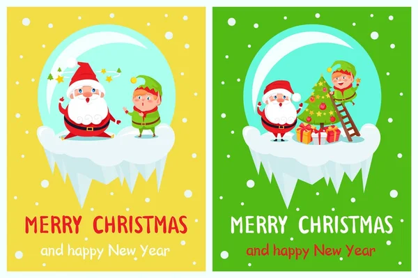 明信片圣诞快乐新年圣诞老人小精灵 — 图库矢量图片