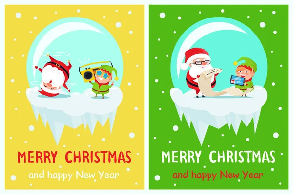新年快乐圣诞节明信片圣诞老人和精灵 — 图库矢量图片