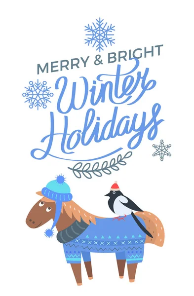 Affiche Vacances d'hiver joyeuses et lumineuses Horse Bird — Image vectorielle