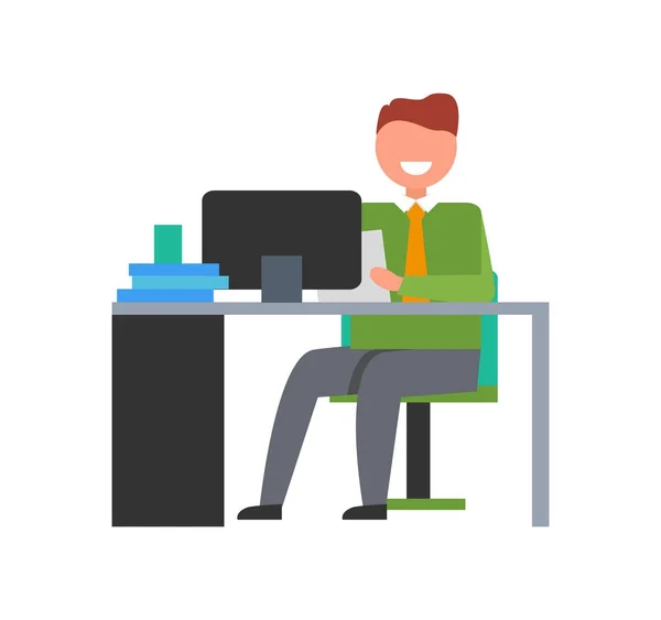 Homme d'affaires joyeux assis au bureau Illustration — Image vectorielle