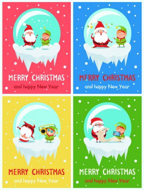 Mutlu yeni yıl neşeli Noel Kartpostalı Noel Baba ve Elf