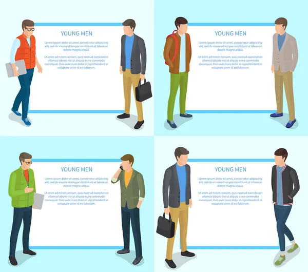 Young Men Collection of Illustration on Light Blue — Stock Vector