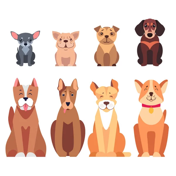 Χαριτωμένο καθαρόαιμους σκύλους κινουμένων σχεδίων διανύσματα επίπεδες εικόνες Set — Διανυσματικό Αρχείο