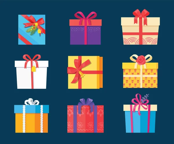 Set cadeau boîte présente enveloppé paquet icônes vecteur — Image vectorielle