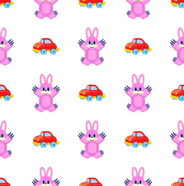 Beyaz üzerine pembe tavşan ve kırmızı arabalar Seamless Modeli — Stok Vektör
