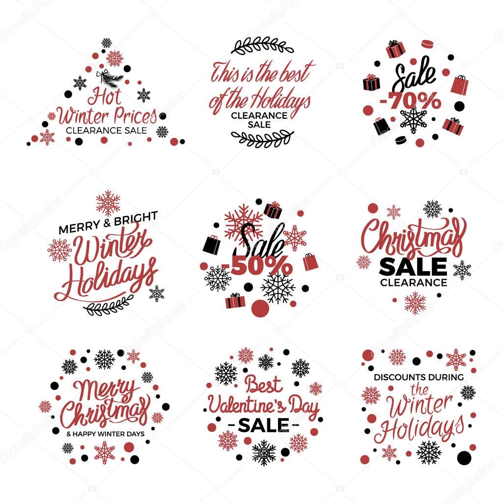 Winter holiday sale labels vector poster in purple and black colors. Hot winter prices clearance sale. Besr Valentines day sale. Decorated tags with writings showing discounts during winter holidays.