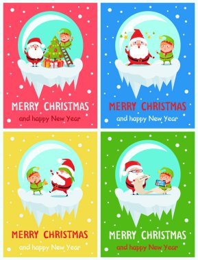 Mutlu yeni yıl neşeli Noel Kartpostalı Noel Baba ve Elf