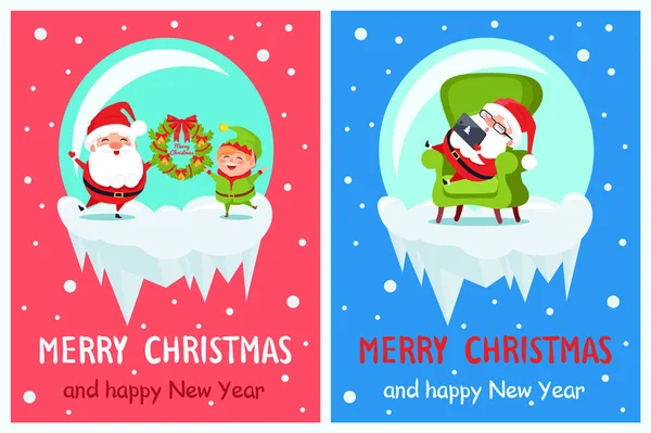 Feliz Natal Feliz Ano Novo Santa Elf Banners — Vetor de Stock