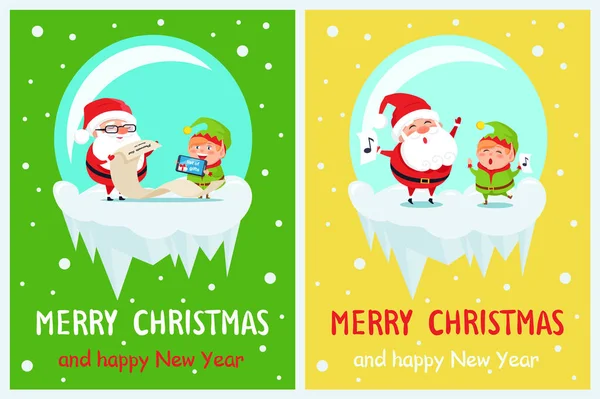 Feliz Navidad y Feliz Año Nuevo Elfo y Santa — Vector de stock