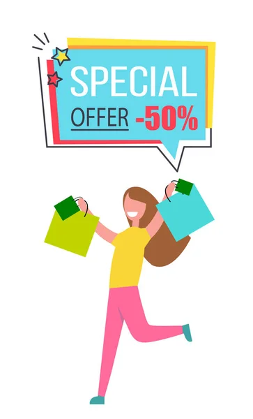 Oferta Especial Pegatina Promocional Mujer Feliz Compras — Vector de stock