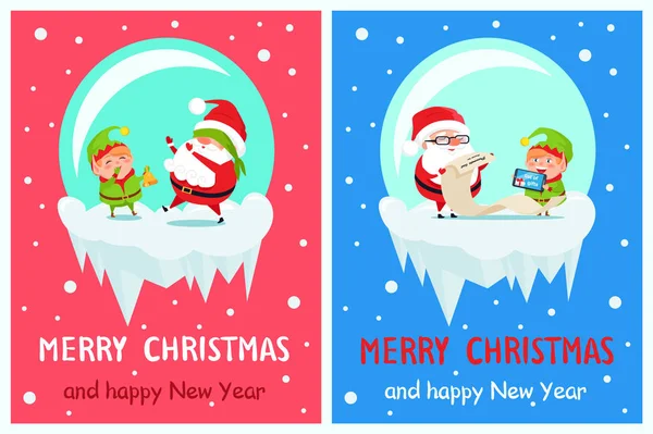 Frohes neues Jahr frohe Weihnachten Postkarte Weihnachtsmann und Elfe — Stockvektor