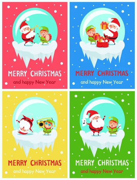 Feliz Año Nuevo Feliz Navidad Poster Santa Elf — Vector de stock