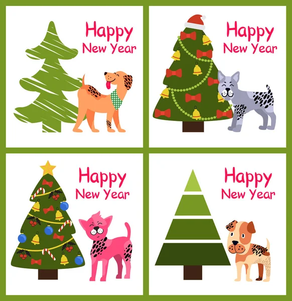 Cute Cartoon Dogs Wishes Happy New Year Near Tree