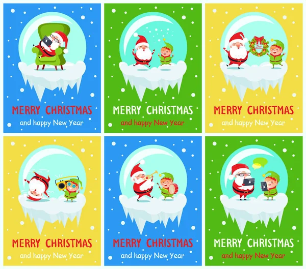 Feliz Navidad Feliz Año Nuevo Santa Elf Banners — Vector de stock