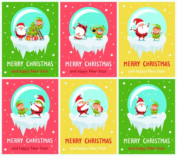 Happy Christmas Happy New Year Poster Santa Elf — стоковый вектор