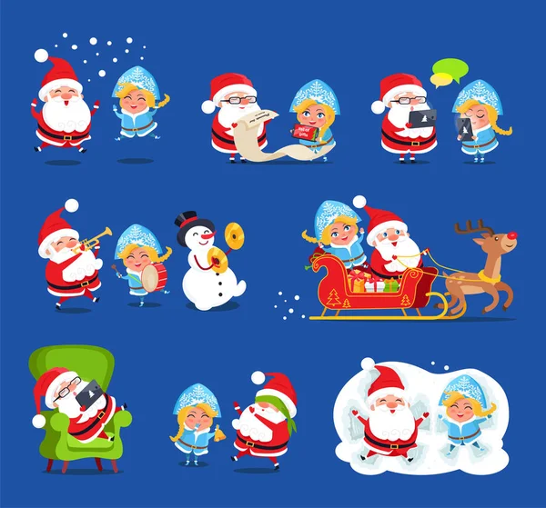 Mikołaj i śniegu Maiden zestaw ilustracji wektorowych — Wektor stockowy
