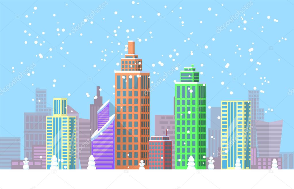 Snowy Cityscape Bright Poster Vector Illustration