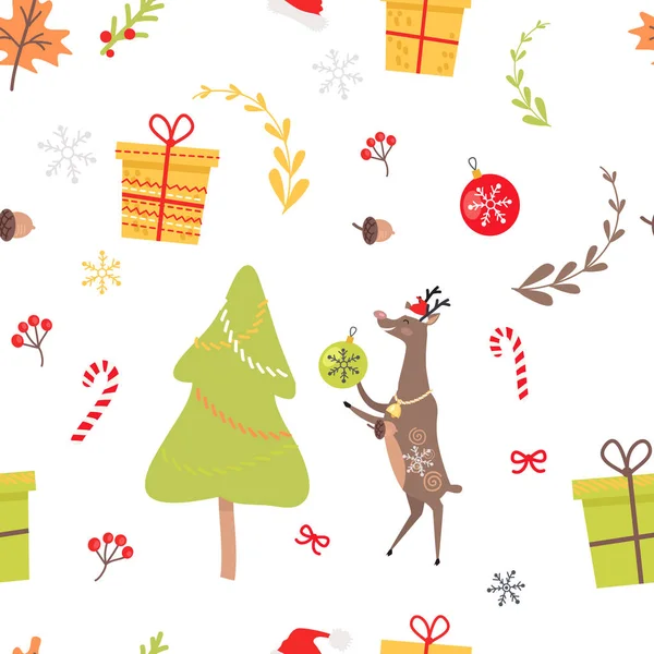 Modèle sans couture avec renne, bonbons de Noël — Image vectorielle