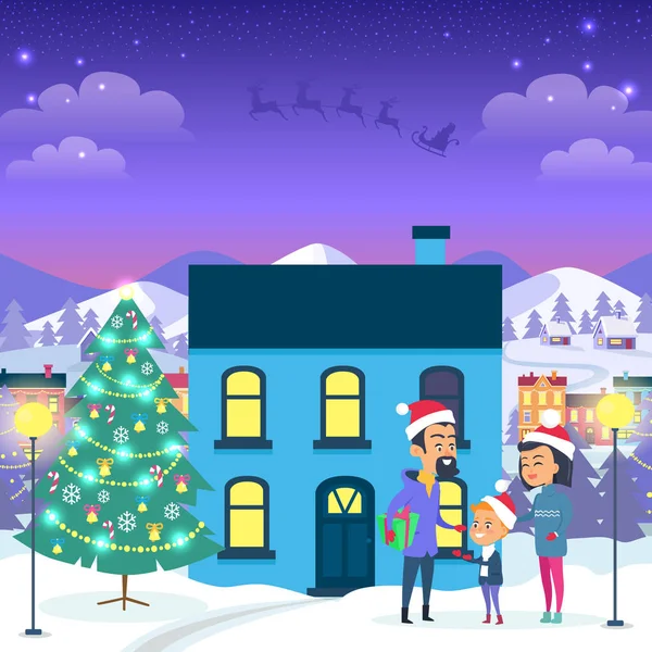 Happy Family vicino casa urbana e albero di Natale — Vettoriale Stock