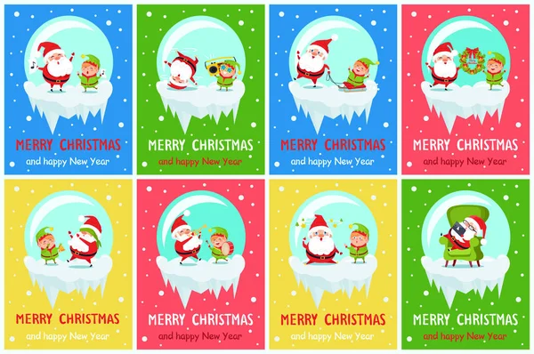 Frohe Weihnachten Frohes Neues Jahr Poster Weihnachtsmann Elf — Stockvektor