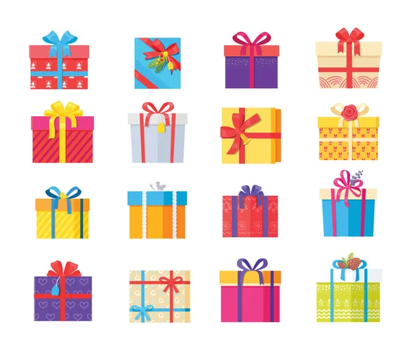 Set regalo caja regalos paquete envuelto iconos vector — Vector de stock