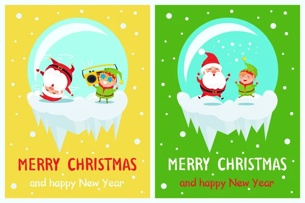 Postkarte frohe Weihnachten frohes neues Jahr Weihnachtsmann elf — Stockvektor