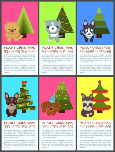 Feliz Navidad y Feliz Año Nuevo Mascotas y Abeto — Vector de stock