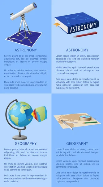 Cartel de Astronomía con Telescopio Libros sobre Geografía — Vector de stock